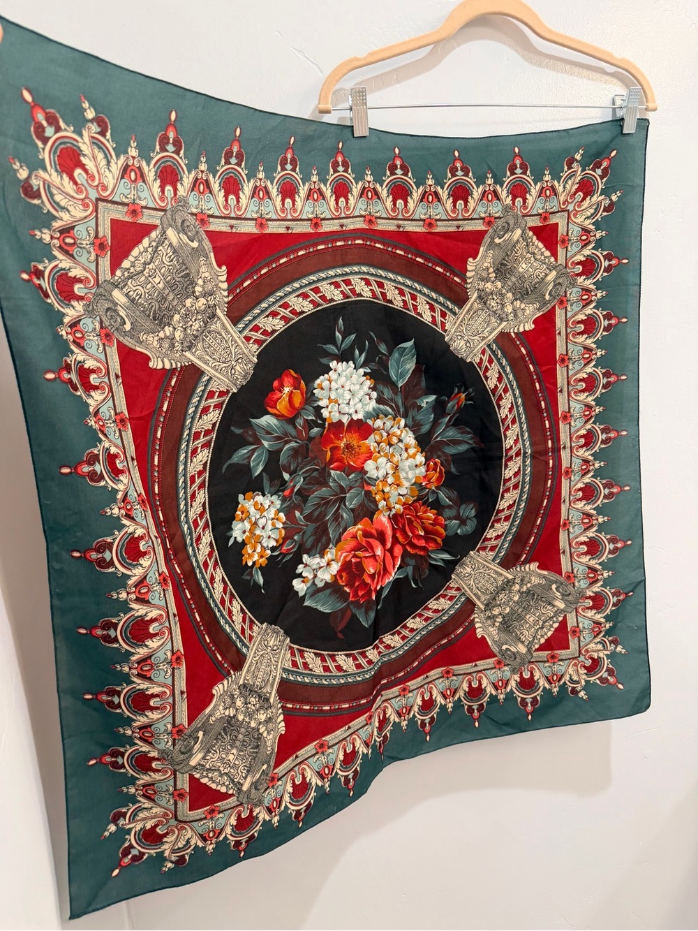 Vintage 80s Baroque Renaissance Floral Square Scarf Green Red Cream Gold Cottage - Picture 7 of 12